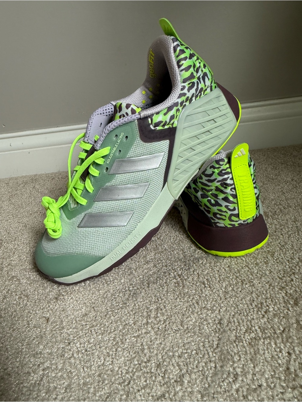 Adidas Mint Green and Neon Yellow Leopard Training Sneakers 9.5